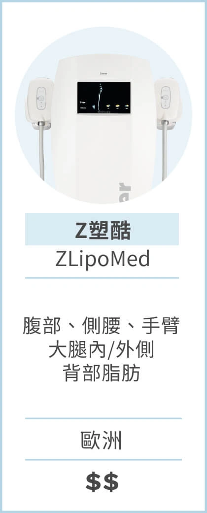 Z塑酷 Zlipo 資訊圖: 一次可治療2區、沒有按摩手握把、療程時間60分鐘、術後需搭配z wave減少22%脂肪