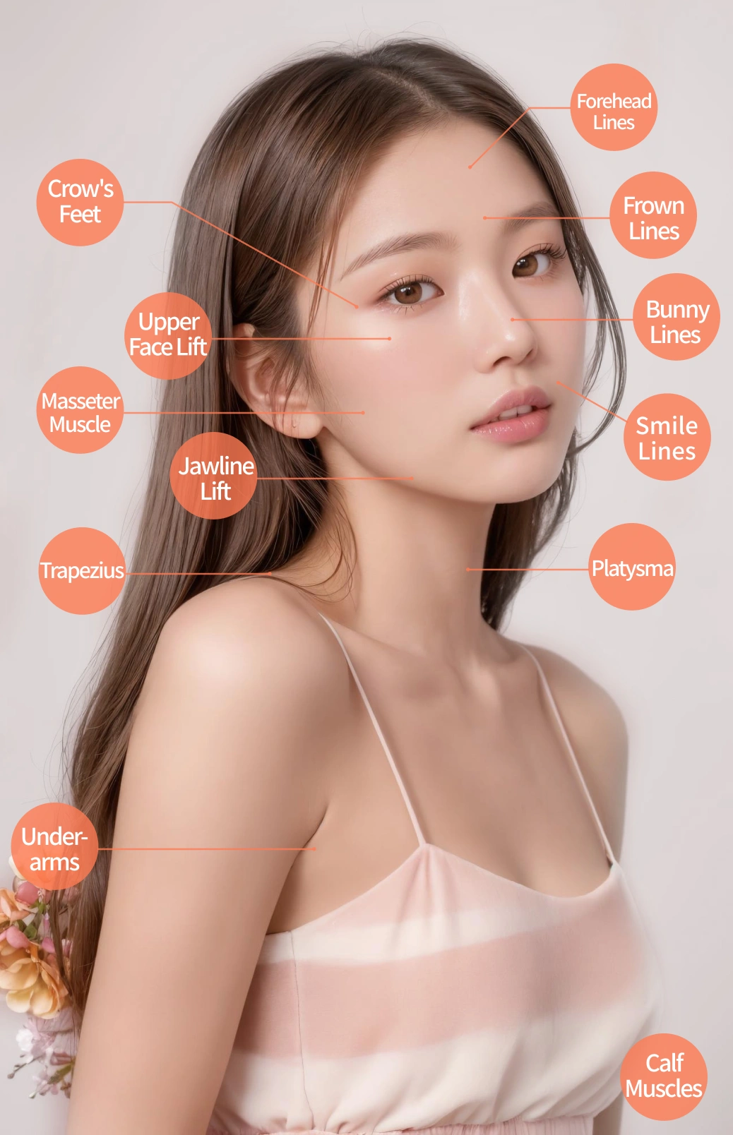 Treatment Areas: Forehead lines, frown lines, bunny lines, smile lines, crow's feet, upper face lift, masseter muscle, jawline lift, trapezius, platysma, underarms, calf muscles